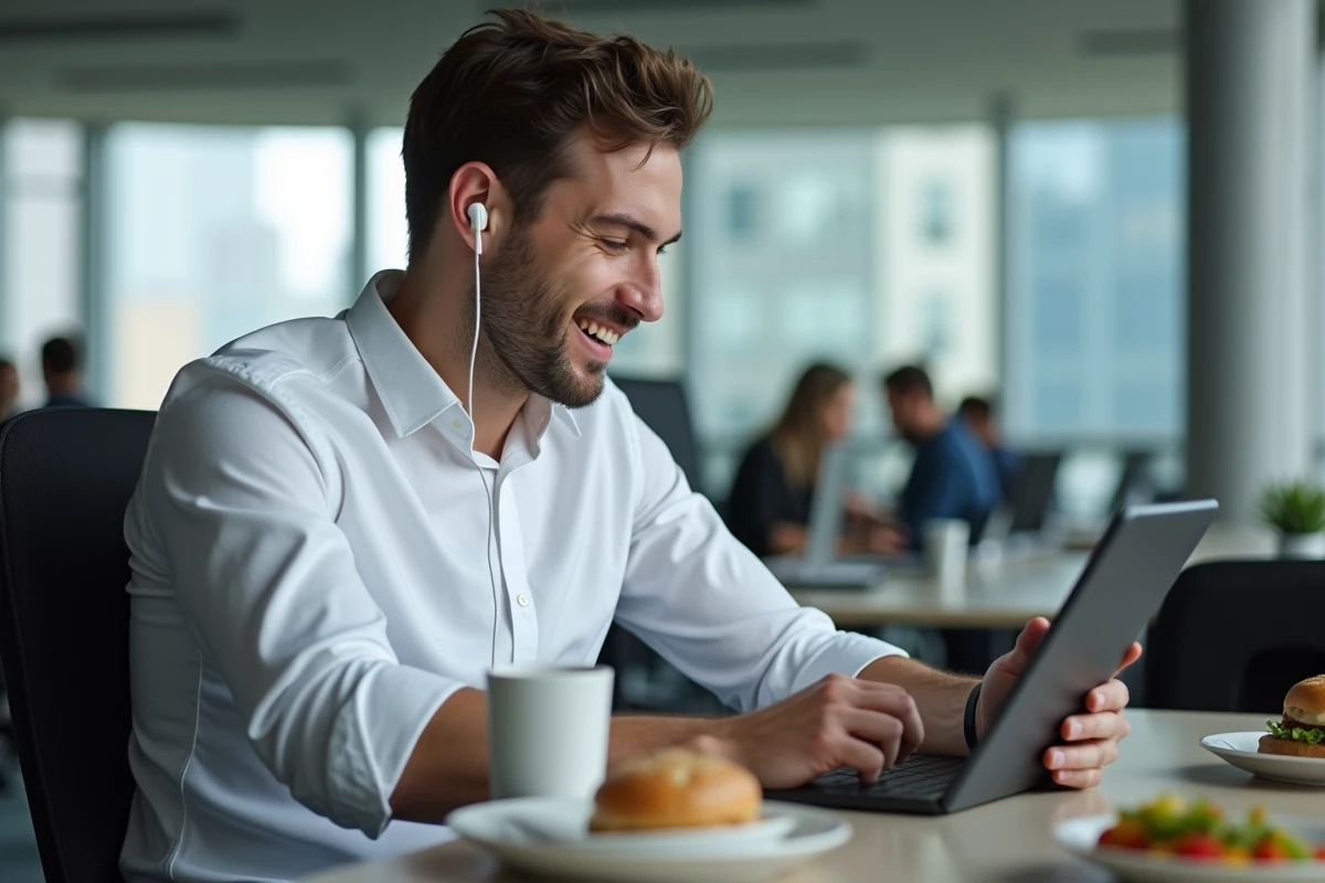 Salarié suivant une formation MOOC sur tablette pendant sa pause déjeuner au bureau