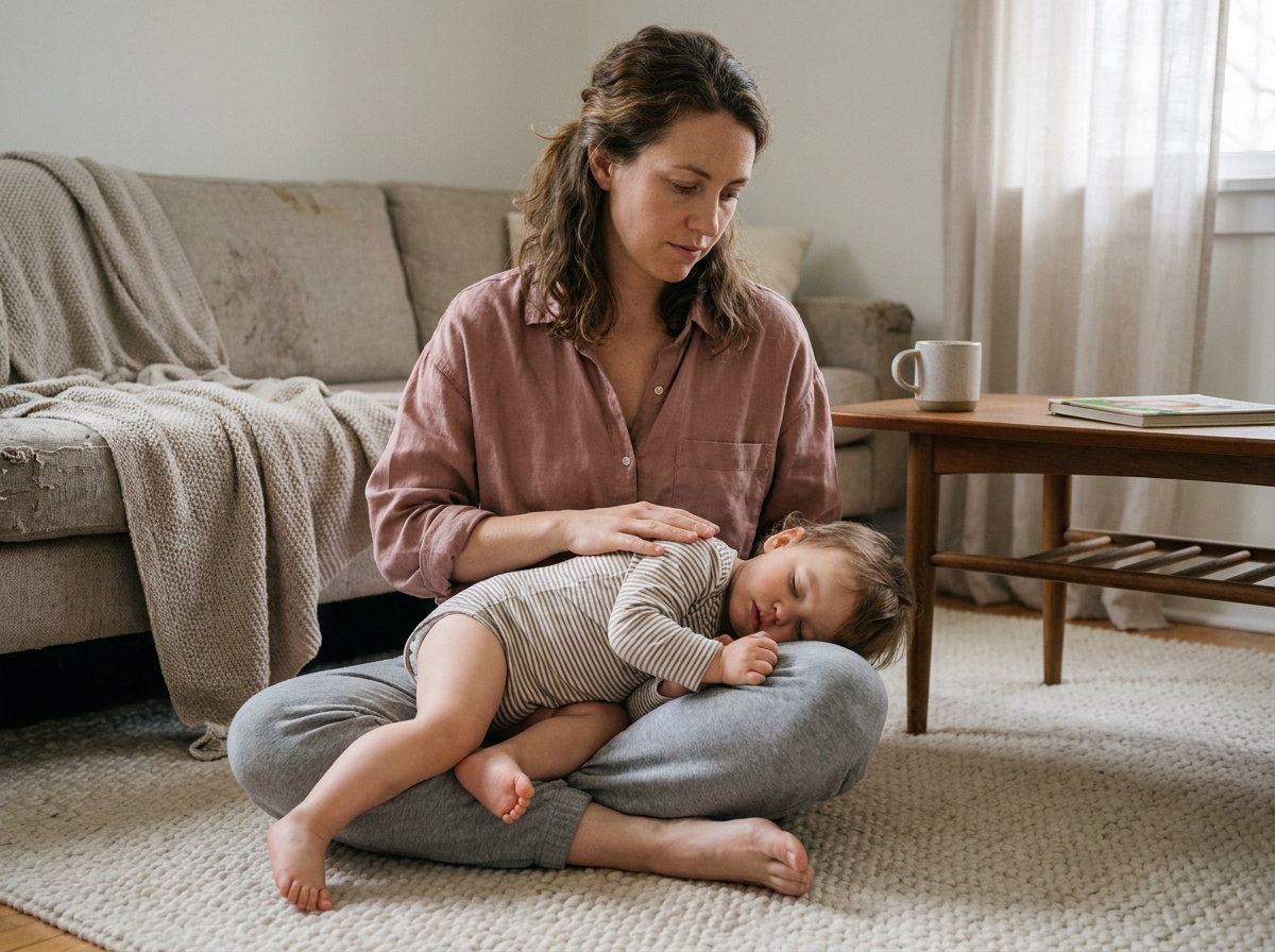 Femme assise en tailleur sur un tapis tenant un tout-petit endormi sur ses genoux pendant la sieste du midi dans un salon familial