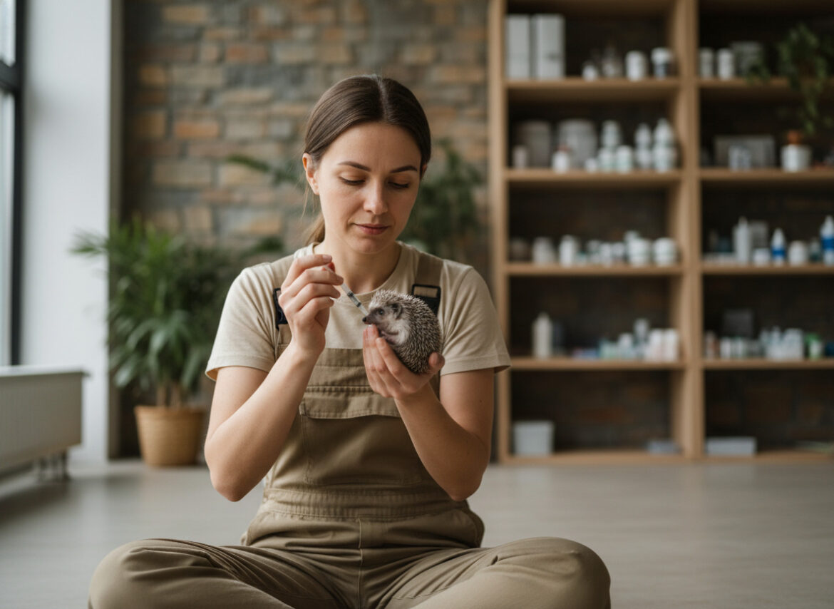 Jeune femme soignant un hérisson blessé dans un centre de réhabilitation