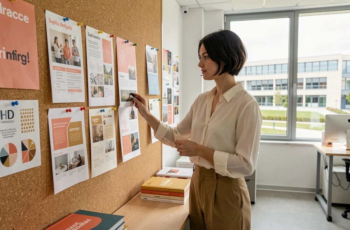 Étudiante en communication et stratégie digitale au Sophia Ynov Campus présentant un projet publicitaire créatif