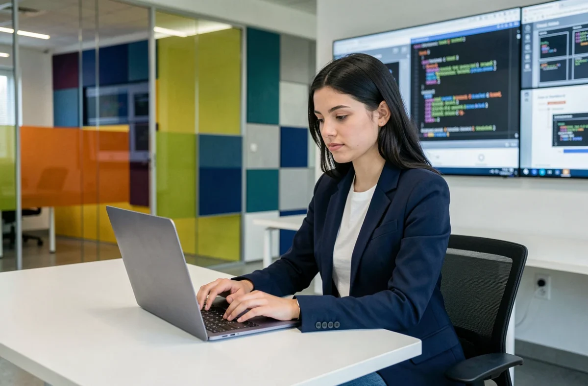 Étudiante en formation numérique au Sophia Ynov Campus à Sophia Antipolis, travaillant sur un ordinateur portable dans un espace moderne
