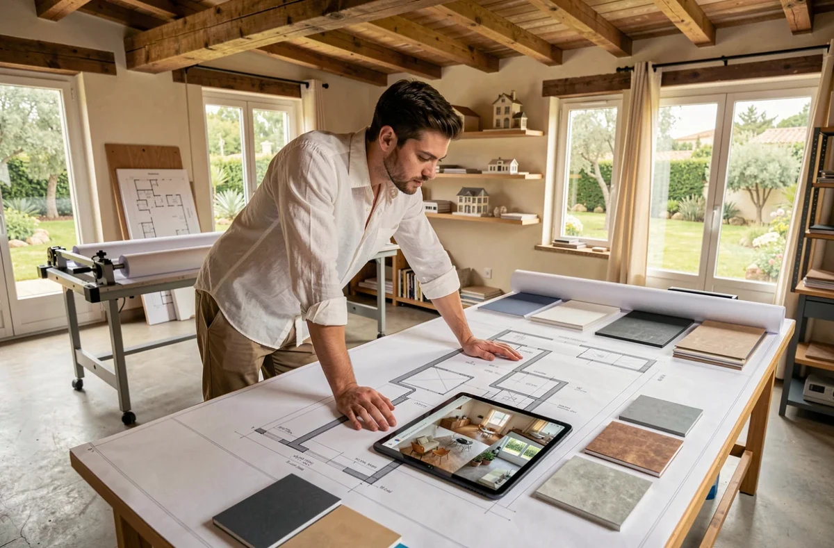 Étudiant en mastère d'architecture intérieure et maîtrise d'œuvre au Sophia Ynov Campus travaillant sur des plans et des maquettes