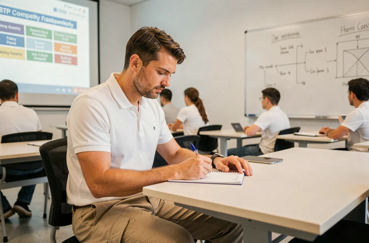 Stagiaire en formation BTP prenant des notes dans un centre de formation professionnelle lors d'un cours sur les certifications de compétences