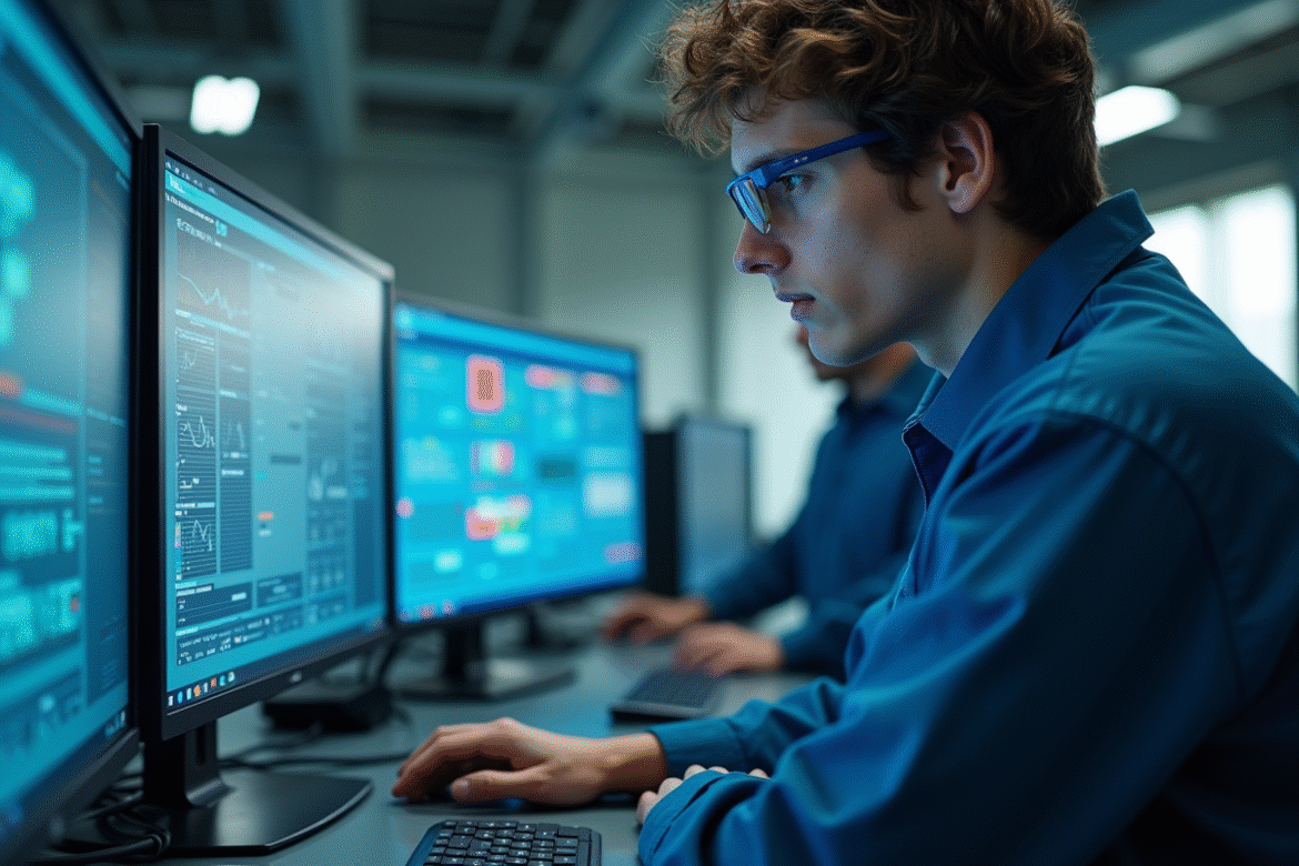 Jeune technicien dans une salle de contrôle moderne et lumineuse
