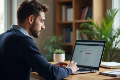 Homme téléchargeant un logiciel en toute sécurité sur son ordinateur portable dans un bureau à domicile