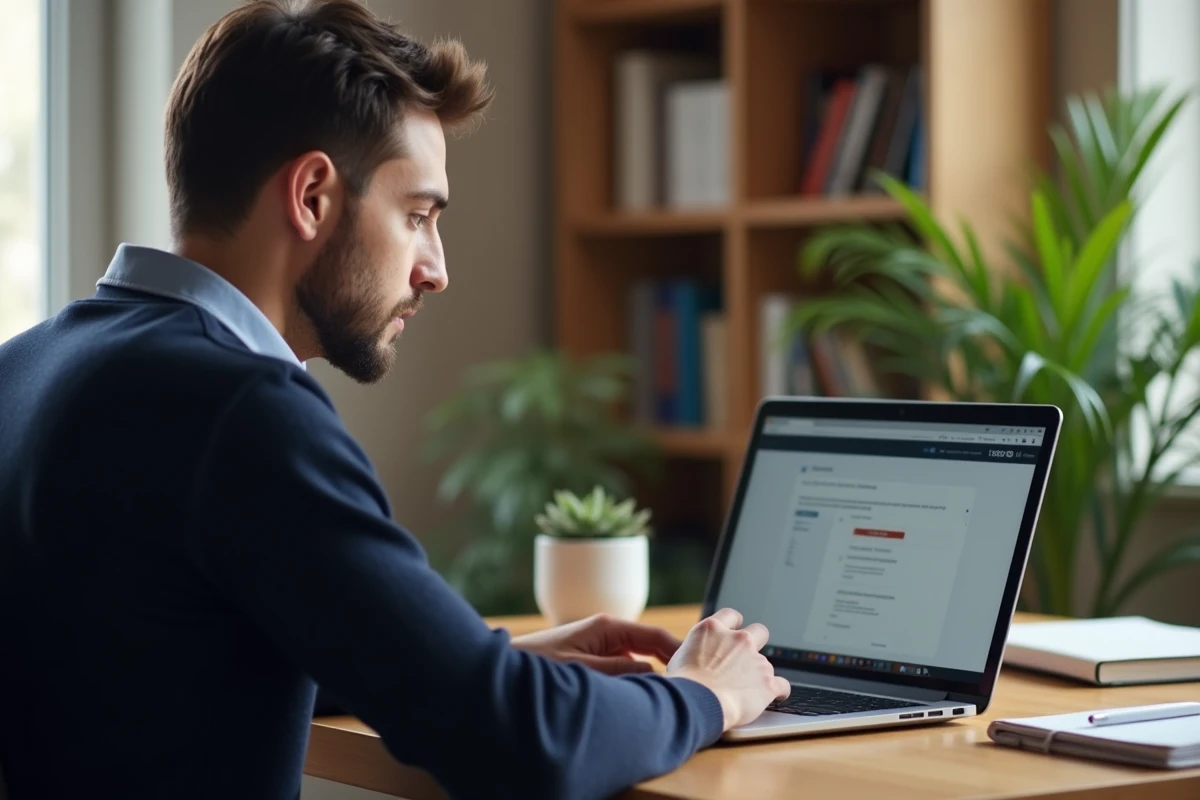 Homme téléchargeant un logiciel en toute sécurité sur son ordinateur portable dans un bureau à domicile