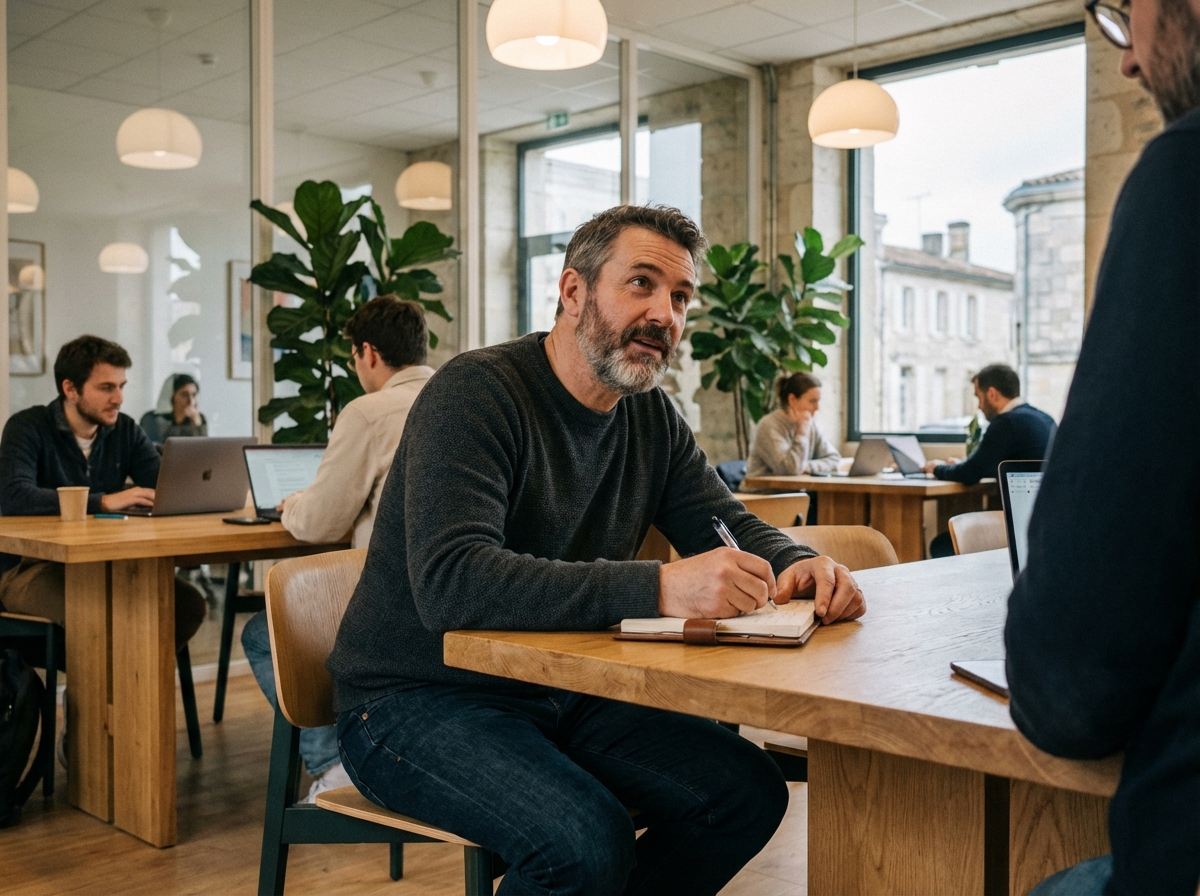 Homme prenant des notes dans un espace de coworking moderne à Cognac