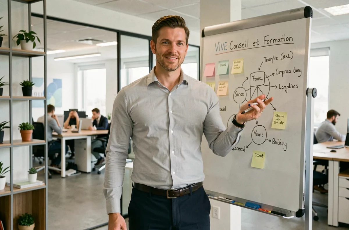 Coach professionnel devant un tableau stratégique dans les locaux de VIVE Conseil et Formation à Marseille