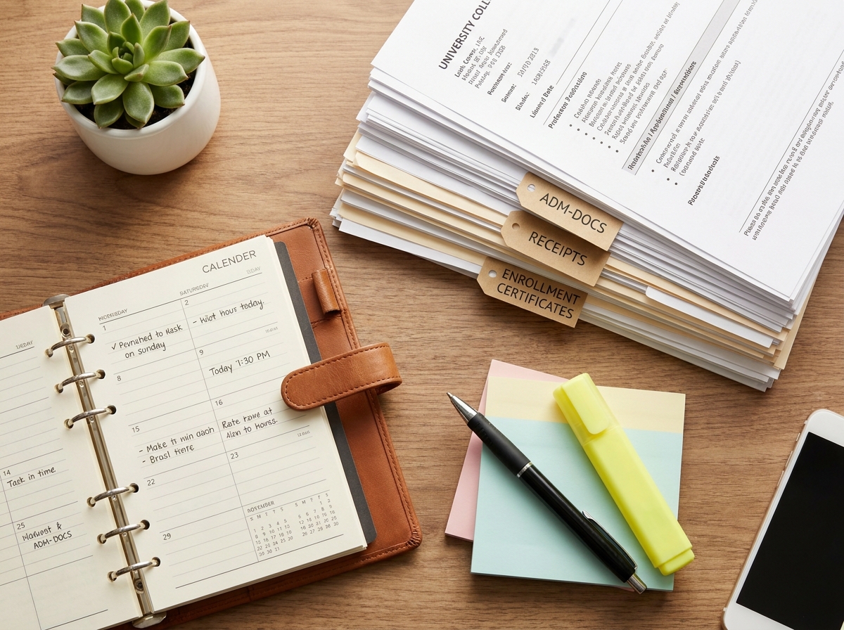 Vue aérienne d'un bureau étudiant avec des papiers administratifs triés et organisés en piles étiquetées