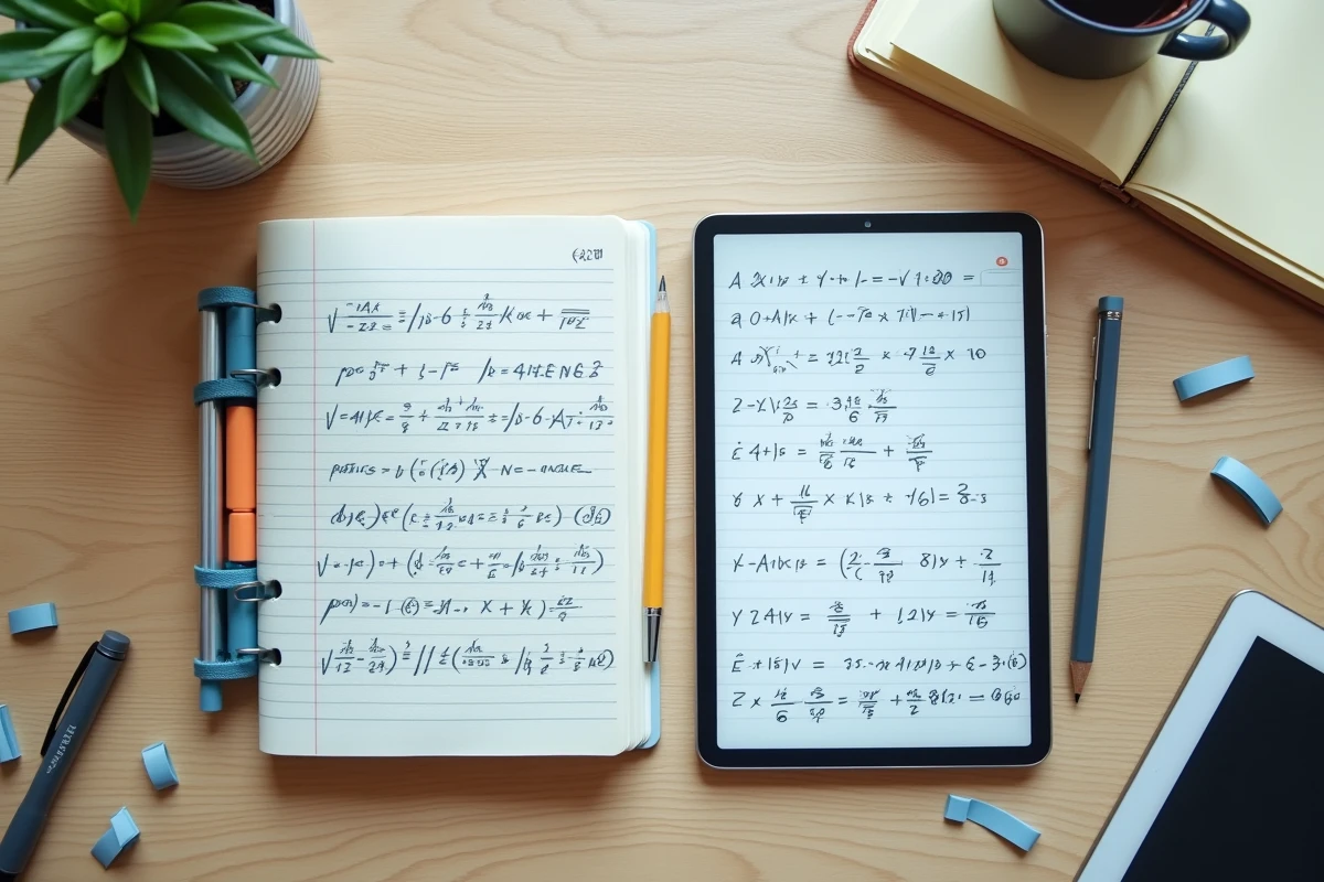 Vue aérienne comparant un cahier papier manuscrit et une tablette numérique avec les mêmes notes de prépa